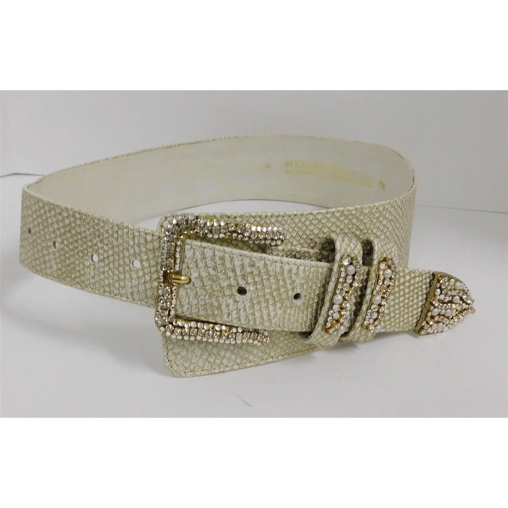 Leatherock White‎ Gold Leather Wide Belt with Jeweled Buckle M